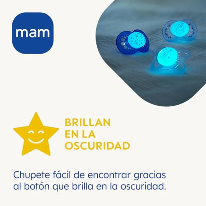 MAM Chupete de Látex de Caucho Natural, Brilla en la Oscuridad, a Partir de 16 Meses, con Tetina Simétrica, Plana y Flexible, con Caja Autoesterilizadora, Neutro Brillante, Pack de 2uds - Imagen 3