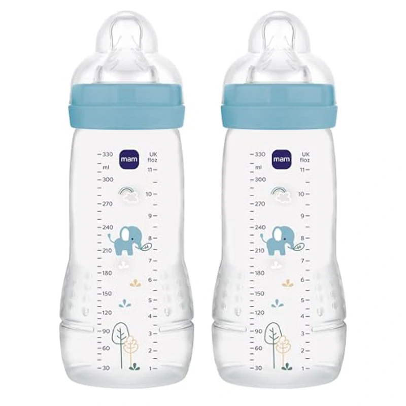 MAM Pack 2 Biberones, a partir de 4 Meses, 330ml, con Tetina 3 de Flujo Rápido de Silicona de Fácil Aceptación, Fácil de Sostener, Fácil de Limpiar, MAM Easy Active, Azul Brillante, Pack de 2uds - Imagen 1