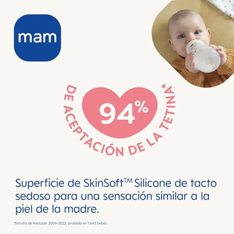 MAM Pack 2 Biberones, a partir de 4 Meses, 330ml, con Tetina 3 de Flujo Rápido de Silicona de Fácil Aceptación, Fácil de Sostener, Fácil de Limpiar, MAM Easy Active, Azul Brillante, Pack de 2uds - Imagen 2