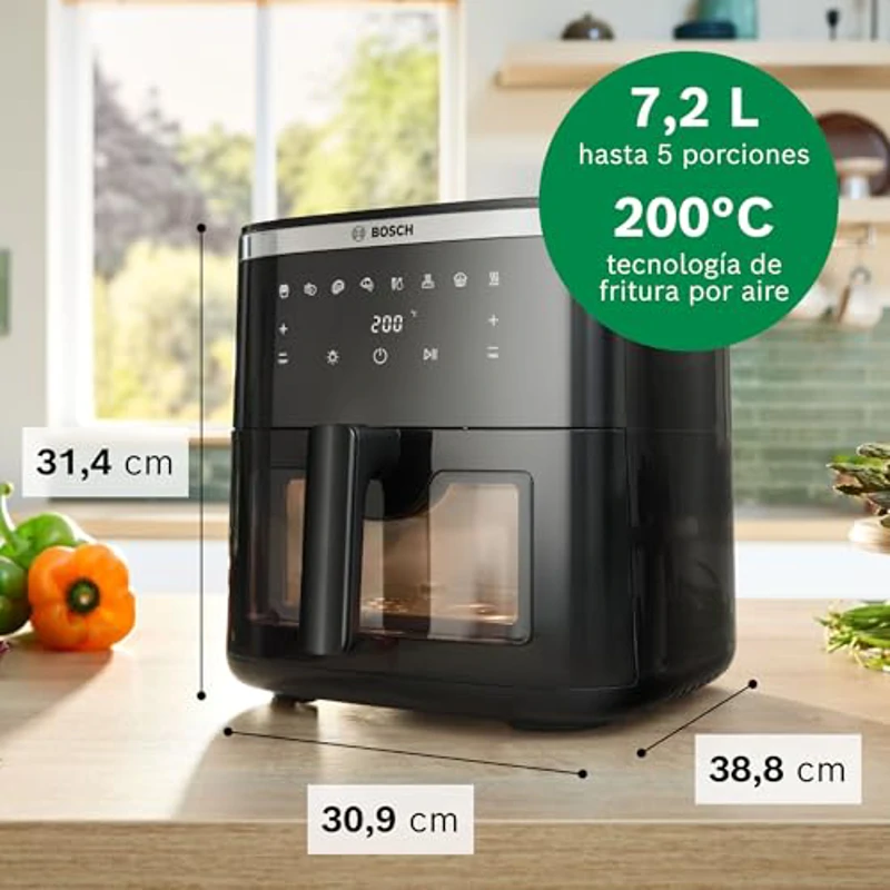 Bosch freidora de aire Serie 6, MAF671BO, Air Fryer XXL con capacidad de 7,2 L, con 7 programas y ventana de visualización con luz, cocinado hasta 65 %¹ más rápido, negro - Imagen 2