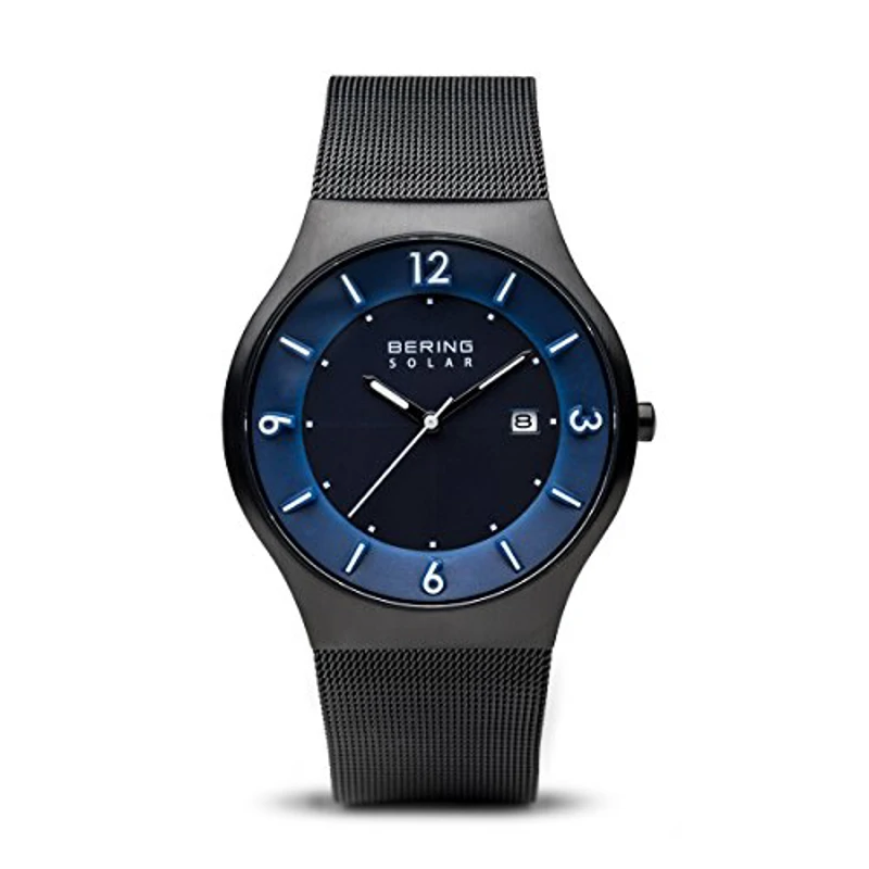 BERING 14440-227 Reloj solar para hombre con caja de acero inoxidable de 40 mm con acabado negro y esfera azul, correa milanesa, cristal de zafiro y resistencia al agua de 5 ATM - Imagen 1