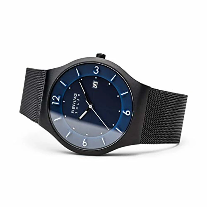 BERING 14440-227 Reloj solar para hombre con caja de acero inoxidable de 40 mm con acabado negro y esfera azul, correa milanesa, cristal de zafiro y resistencia al agua de 5 ATM - Imagen 3