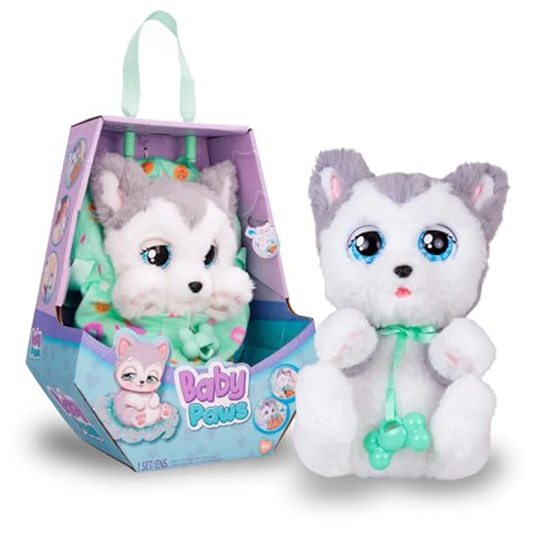 BABY PAWS Sleeping Puppies Husky- Peluche Interactivo con Sonidos que Abren y Cierran los Ojitos e Incluyen una Bolsita-Manta-Regalo óptimo para Niños y Niñas +3 Años - Imagen 1