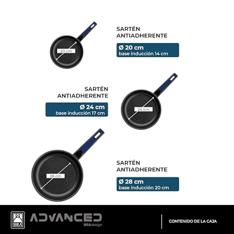 BRA Advanced Set 3 sartenes de Aluminio Fundido antiadherente, 20|24|28 cm, sin PFOA, Reforzado, Rendimiento Superior y Resistencia a los Arañazos, Apta para Inducción - Imagen 2