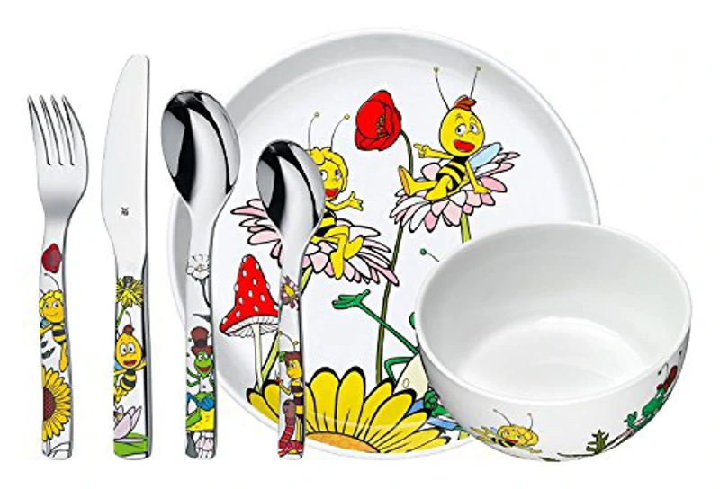WMF La Abeja Maya - Vajilla para niños 6 piezas incluye plato, cuenco y cubertería (tenedor, cuchillo de mesa, cuchara y cuchara pequeña) WMF Kids infantil Acero Inoxidable Cromargan - Imagen 1