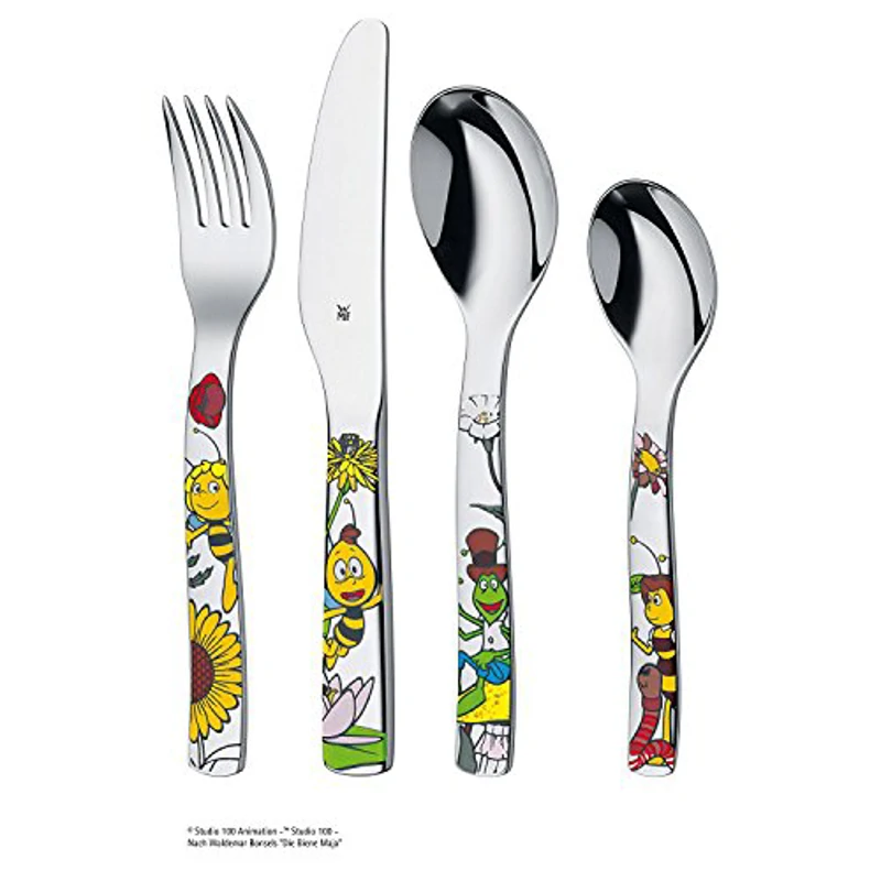 WMF La Abeja Maya - Vajilla para niños 6 piezas incluye plato, cuenco y cubertería (tenedor, cuchillo de mesa, cuchara y cuchara pequeña) WMF Kids infantil Acero Inoxidable Cromargan - Imagen 2