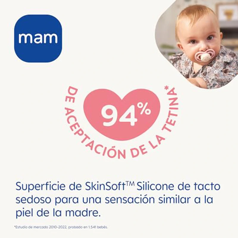 MAM Chupete que Brilla en la Oscuridad, 2-6 Meses, Tetina Simétrica, Plana, Extra Delgada y Flexible de Silicona de Fácil Aceptación, con Caja Autoesterilizadora, MAM Perfect, Azul Brillante, 2uds - Imagen 2