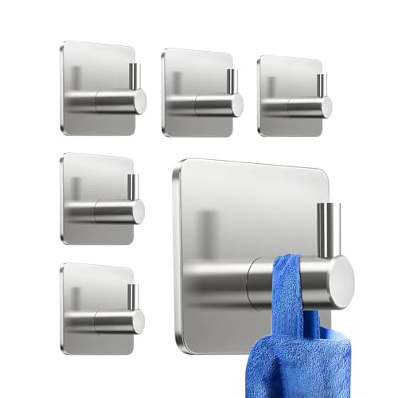 Ganchos Adhesivos para Pared Acero Inoxidable, 6 Piezas Plateado, Colgadores Adhesivos, Autoadhesivo Colgador Toallas, Accesorios para Baño Extrafuertes y Sin Taladro, Multi-Uso para Llaves y Ropa - Imagen 1