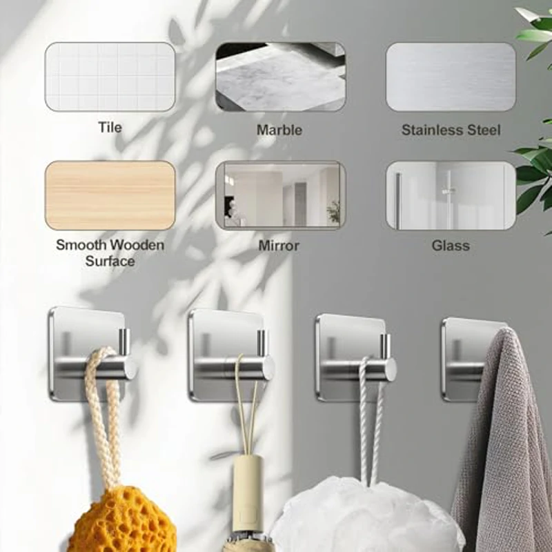 Ganchos Adhesivos para Pared Acero Inoxidable, 6 Piezas Plateado, Colgadores Adhesivos, Autoadhesivo Colgador Toallas, Accesorios para Baño Extrafuertes y Sin Taladro, Multi-Uso para Llaves y Ropa - Imagen 3