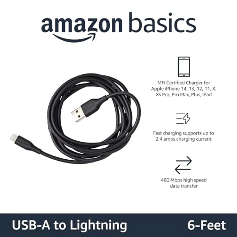 Amazon Basics Cable Lightning a USB Type A, 2 Unidad, cargador para iPhone con certificación MFi, 1.8 m, Negro - Imagen 2