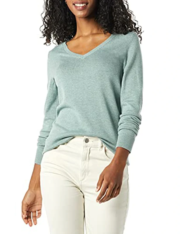 Amazon Essentials Jersey Ligero de Manga Larga con Cuello en V y Corte Estándar (Disponible en Tallas Grandes) Mujer, Verde Salvia Mezcla, XL - Imagen 1