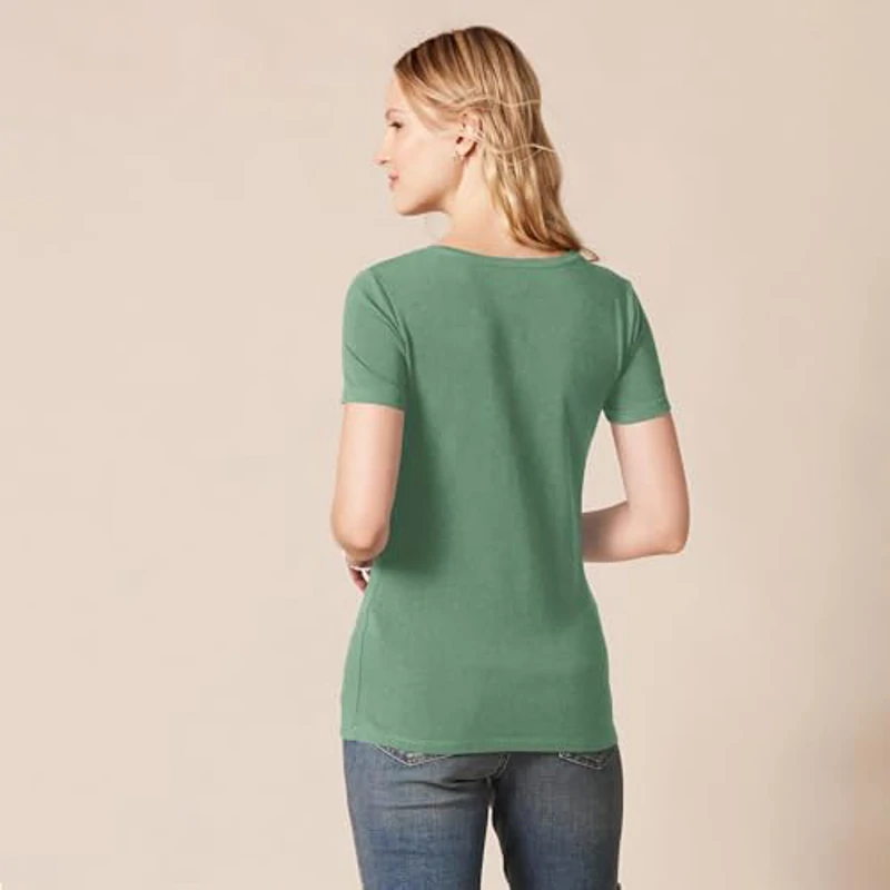 Amazon Essentials Camiseta de Manga Corta con Cuello en Pico y Corte Recto Mujer, Pack de 2, Verde Salvia/Blanco, S - Imagen 3