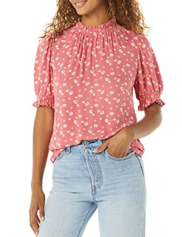 Amazon Essentials Camisa en Sarga Fluida con Manga Corta Abullonada y Detalle Fruncido Mujer, Rojo Frambuesa Floral, XL - Imagen 1