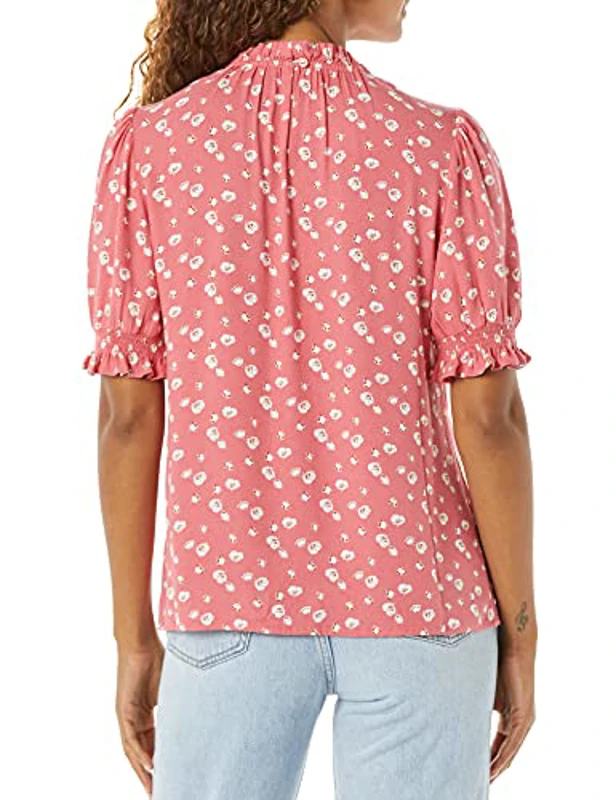 Amazon Essentials Camisa en Sarga Fluida con Manga Corta Abullonada y Detalle Fruncido Mujer, Rojo Frambuesa Floral, XL - Imagen 2