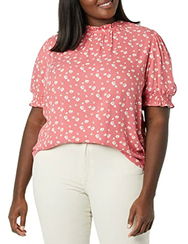 Amazon Essentials Camisa en Sarga Fluida con Manga Corta Abullonada y Detalle Fruncido Mujer, Rojo Frambuesa Floral, XL - Imagen 3
