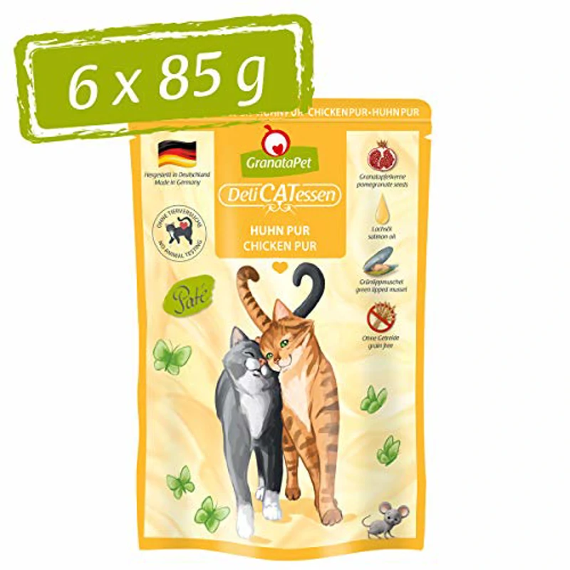 GranataPet Delicatessen Pollo Pur, Comida húmeda para Gatos, pienso sin Cereales y sin azúcares, Comida para Gatos con Alto Contenido de Carne y aceites, 6 x 85 g - Imagen 1