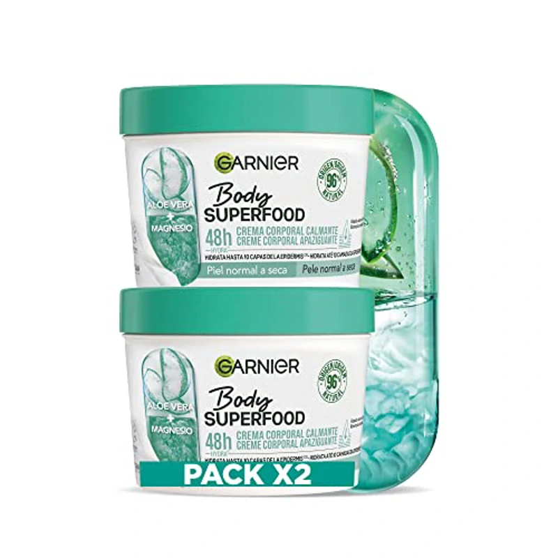 Garnier Body Superfood Crema Corporal Calmante con Aloe Vera y Magnesio, para Pieles de Normales a Secas, Hidratación 48 horas, 380 ml, Paquete de 2 (2 x 380 ml) - Imagen 1