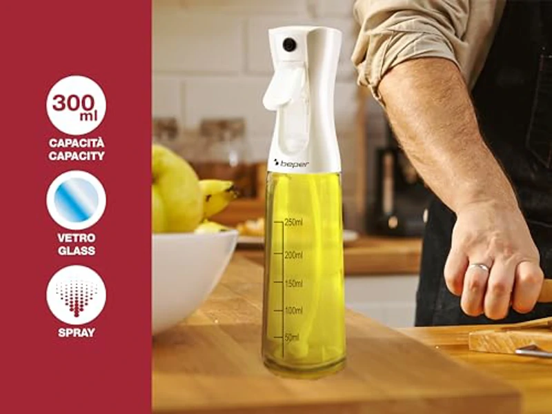 BEPER C102SPE002 Pulverizador de Aceite spray, 300 ml, Pulverizador para freidora de aire con cuerpo de cristal, Tapa de plástico Blanco - Imagen 2
