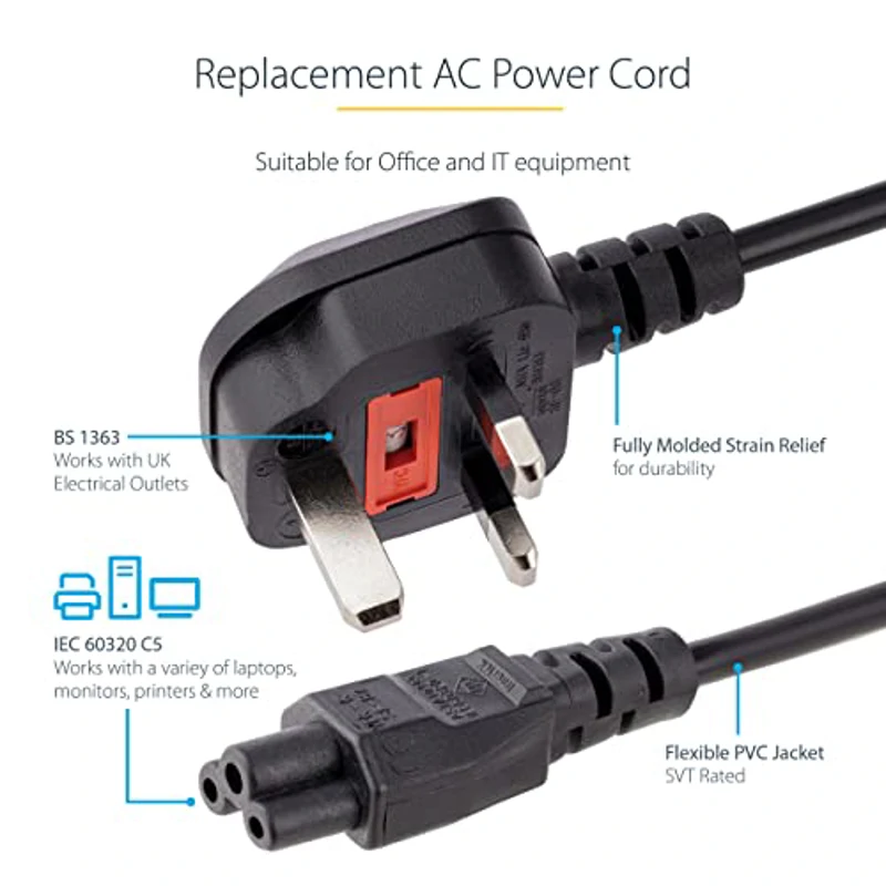 StarTech.com Cable de 1m de Alimentación para Portátiles, Enchufe BS1363 a C5, 2,5A 250V, 18AWG, Cable para Cargador, Cable Hoja de Trébol Mickey Mouse, Adaptador para Reino Unido, UL (PXTNB3SEU1M) - Imagen 3
