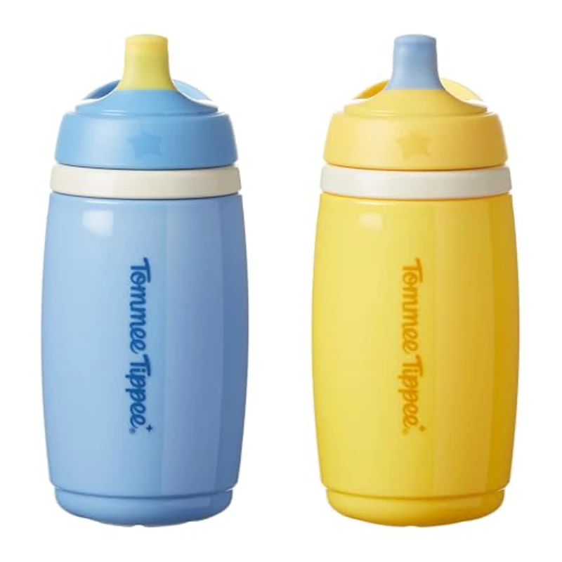 Tommee Tippee Vaso Isotérmico con Boquilla, 266ml, Botella de Agua Antigoteo para Niños a Partir de 12 Meses, con Aislamiento para Mantener la Bebida Fría, Azul y Amarillo, Pack de 2 - Imagen 1