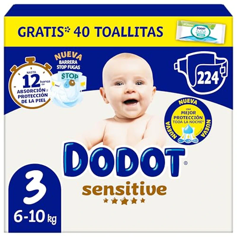 Dodot Pañales Bebé Sensitive, Talla 3 (6-10 kg), 224 Pañales + 1 Pack de 40 Toallitas Regalo de Aqua Plastic Free, Nº1 en Protección de la Piel deDodot, Pack Mensual - Imagen 1