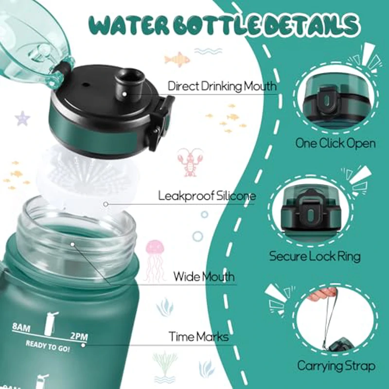 HoneyHolly Botella Agua, 500ML, A Prueba de Fugas Cantimplora, Reutilizable Botella Agua Gimnasio, con Marcador de Tiempo, Water Bottle para Correr, Andar en Bicicleta, Trabajar, Ir a La Escuela - Imagen 2