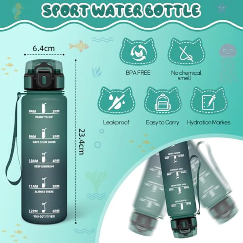 HoneyHolly Botella Agua, 500ML, A Prueba de Fugas Cantimplora, Reutilizable Botella Agua Gimnasio, con Marcador de Tiempo, Water Bottle para Correr, Andar en Bicicleta, Trabajar, Ir a La Escuela - Imagen 3