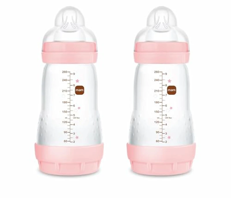 MAM Pack 2 Biberones Anticólicos, 2-4 Meses, 260ml, con Tetina 2 Flujo Medio de Silicona de Fácil Aceptación, Autoesterilizable y Fácil de Limpiar, MAM Easy Start Anti-Colic, Rosa Brillante, 2uds - Imagen 1