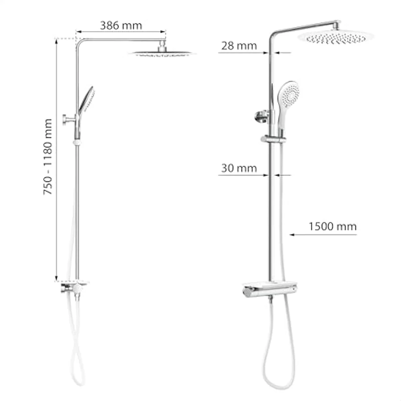 EISL DX1102CST Sistema termostato y Estante, Lluvia con Soporte de Pared (también para Agujeros existentes), Columna Grifo de Ducha, Color Blanco - Imagen 3