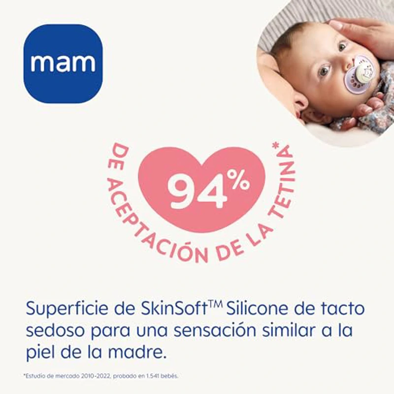 MAM Chupete que Brilla en la Oscuridad, 2-6 Meses, con Tetina Simétrica, Plana y Flexible de Silicona de Fácil Aceptación, con Caja Autoesterilizadora, Original, Neutro Mate, Pack de 2uds, Noche - Imagen 2