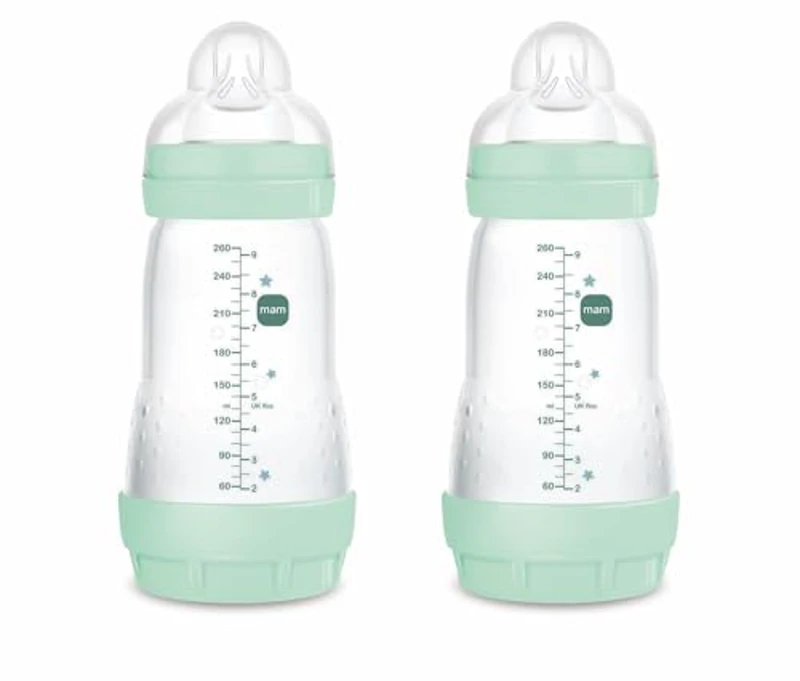 MAM Pack 2 Biberones Anticólicos, 2-4 Meses, 260ml, con Tetina 2 Flujo Medio de Silicona de Fácil Aceptación, Autoesterilizable y Fácil de Limpiar, MAM Easy Start Anti-Colic, Azul Brillante, 2uds - Imagen 1