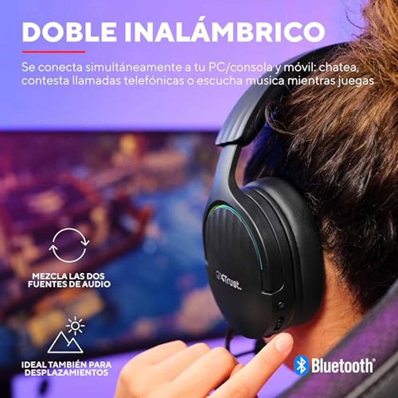Trust Gaming GXT 491 Fayzo Cascos Gaming Inalámbricos Bluetooth + 2.4 GHz, 7.1 Sonido Envolvente, Batería de 22 Horas, Auriculares Inalámbricos RGB Over-Ear PC PS5 PS4 Switch - Negro - Imagen 3