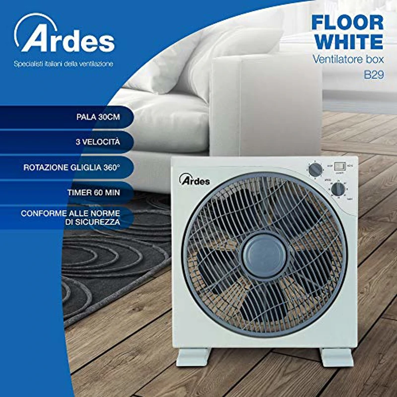 ARDES Ventilador Portátil Cuadrado Refrescante de Suelo o Mesa con 5 Aspas y 3 Niveles de Intensidad Rotación 360 Grados y Temporizador Ventilador de Suelo Blanco Box Floor AR5B29 - Imagen 2