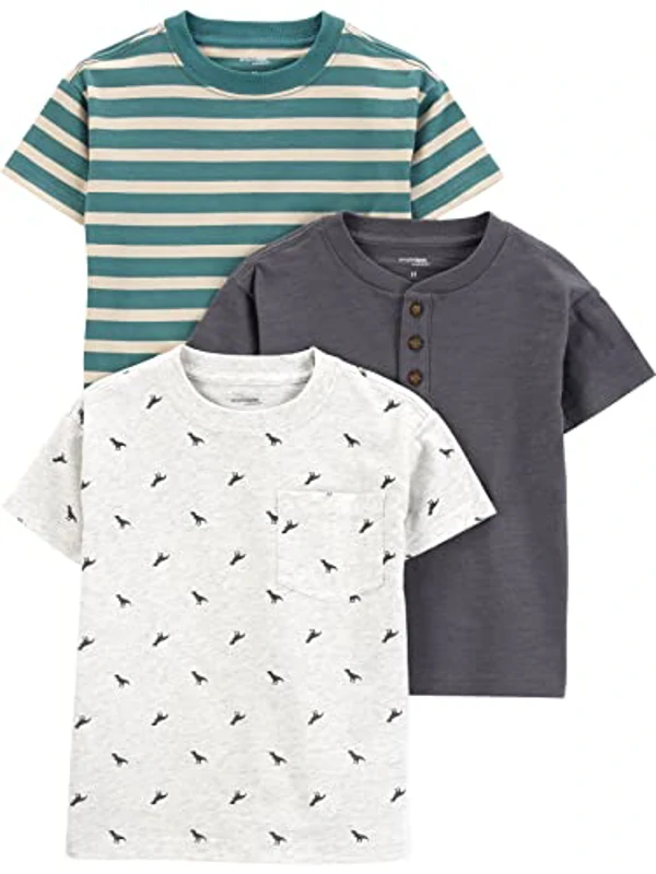Simple Joys by Carter's 3-Pack Short-Sleeve tee Shirts Camiseta, Blanco Dinosaurio/Gris Oscuro/Verde Rayas, 8 (Pack de 3) bebés niños - Imagen 1