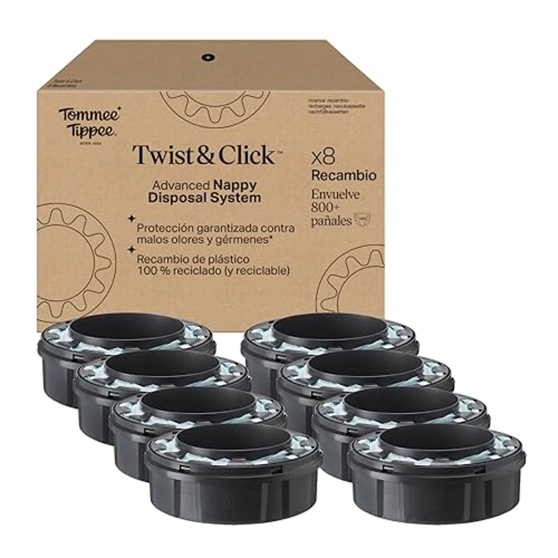 Tommee Tippee Recambio original para contenedor avanzado de pañales Twist and Click, paquete exclusivo de 8, fácil de cambiar y muy económico - Imagen 1