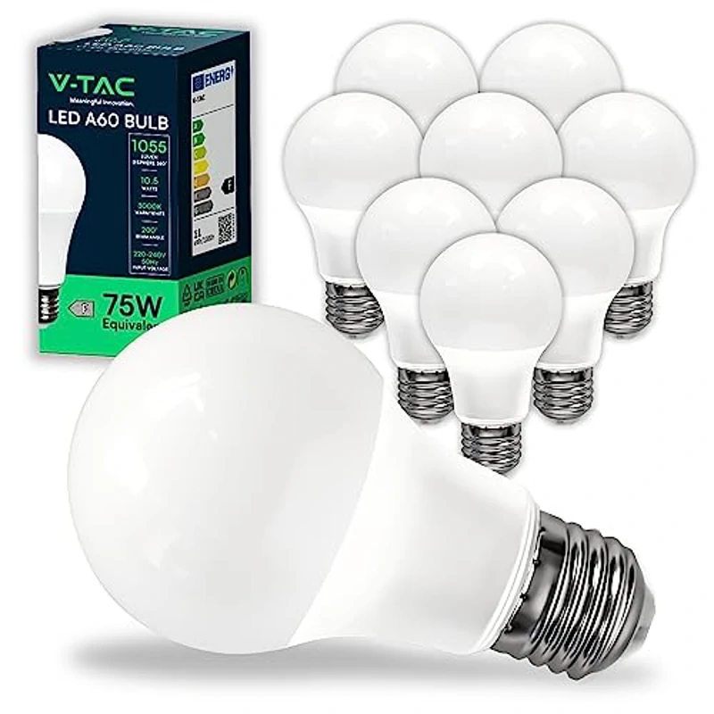 V-TAC 10x Bombillas LED E27, Edison - A60 10,5W (Equivalente a 75W) - 1055 Lumen - 3000K Blanco Cálido - Apertura del Haz de Luz 200° - Máxima Eficiencia y Bajo Consumo, - Imagen 1