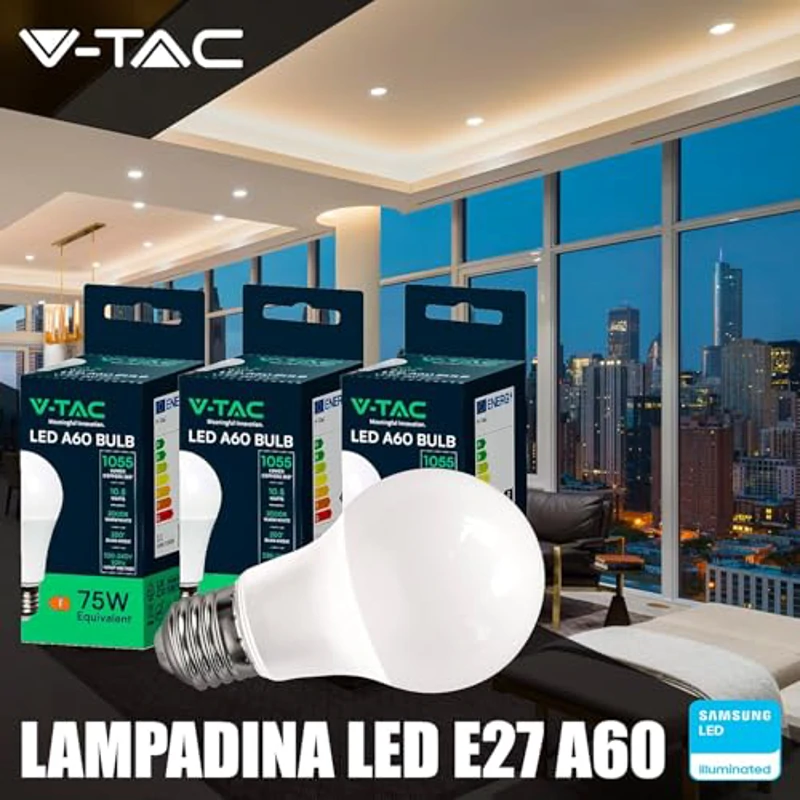 V-TAC 10x Bombillas LED E27, Edison - A60 10,5W (Equivalente a 75W) - 1055 Lumen - 3000K Blanco Cálido - Apertura del Haz de Luz 200° - Máxima Eficiencia y Bajo Consumo, - Imagen 2