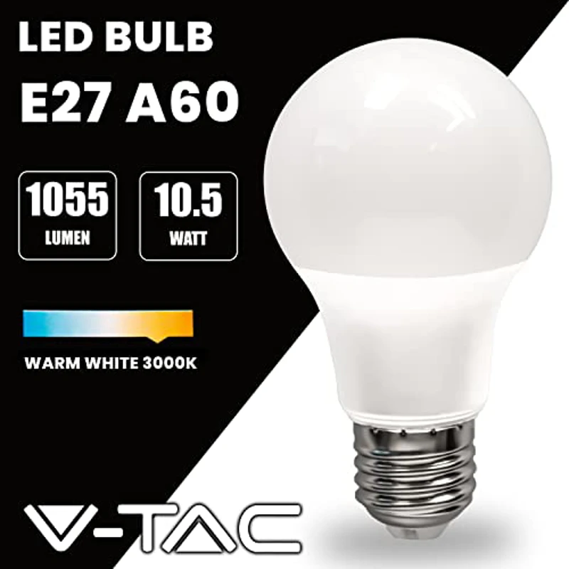 V-TAC 10x Bombillas LED E27, Edison - A60 10,5W (Equivalente a 75W) - 1055 Lumen - 3000K Blanco Cálido - Apertura del Haz de Luz 200° - Máxima Eficiencia y Bajo Consumo, - Imagen 3