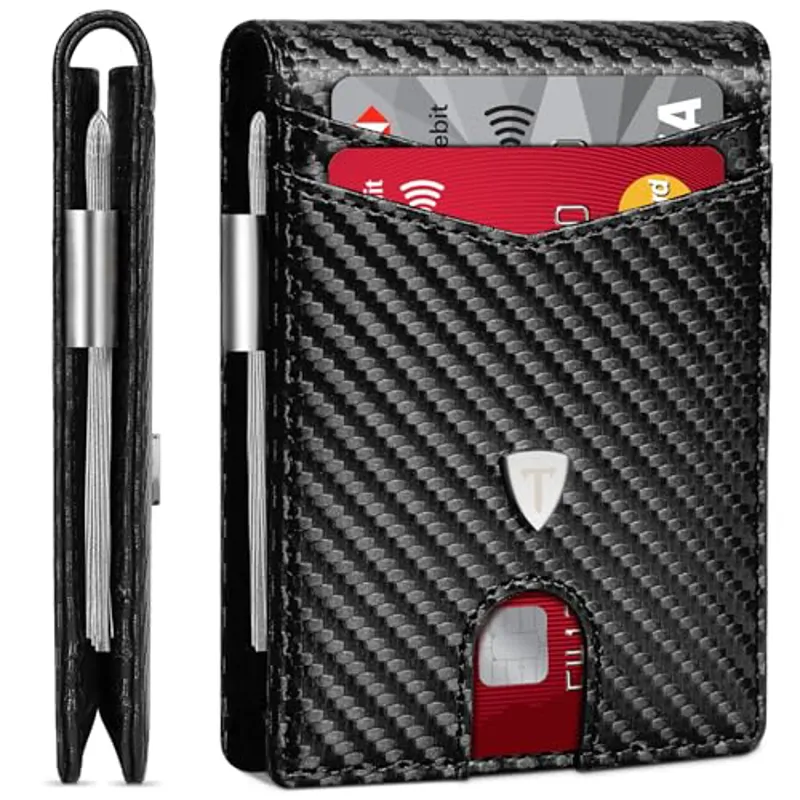 TEEHON Cartera para Hombre Slim Fibra de Carbono con Bloqueo RFID, Tarjetero Hombre Ranuras para Tarjetas de Crédito, Clip para Billetes, Cartera Bi-Fold (Negro) - Imagen 1