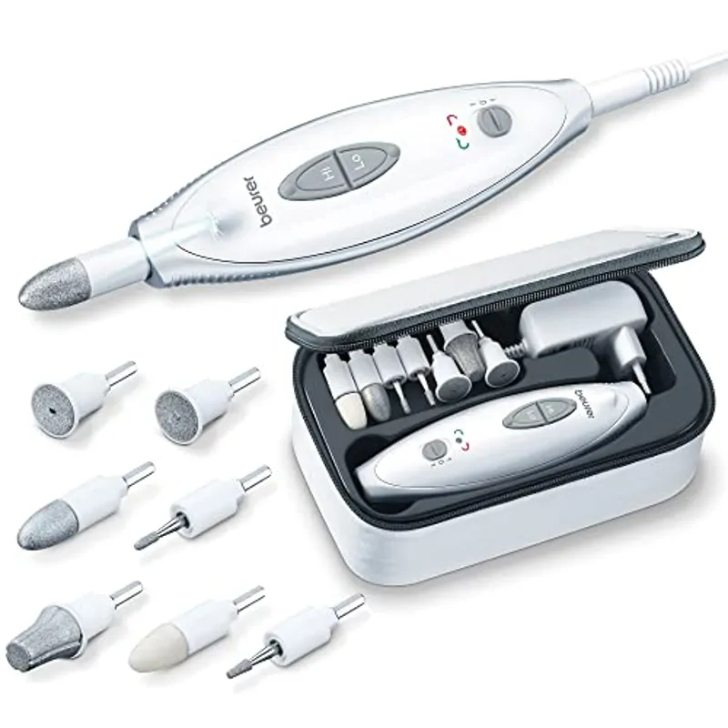 Beurer MP 41 Set de manicura y pedicura profesional, torno para uñas con 7 accesorios, luz LED, rotación derecha/izquierda, 2 velocidades, bolsa incluida