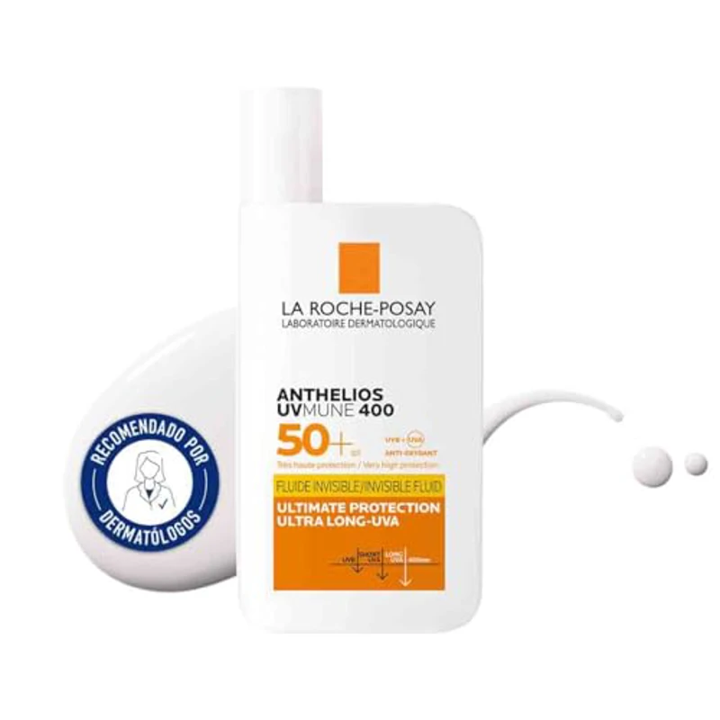 La Roche Posay Protector Solar, SPF50+, Previene el Estrés Oxidativo, Resistente al Agua, Sudor y Arena, Fórmula con Mexoryl 400, Fluido Invisible, Anthelios UV-MUNE 400, 50 ml